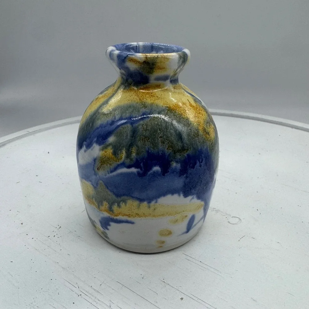 Kravec Studios Naples FL Studio Pottery Bud Vase Blue Yellow Abstract Glaze 3.5